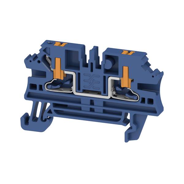 Schnittansicht eines blauen Elektroklemmblocks mit internen Federkontakten und orangefarbenen Hebeln zur Freigabe auf weißem Hintergrund.