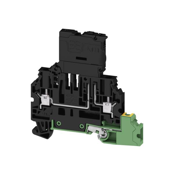 3D-Schnittdarstellung eines schwarz-grünen Elektroterminalblocks mit internen Verdrahtungswegen und Metallkontaktklemmen.