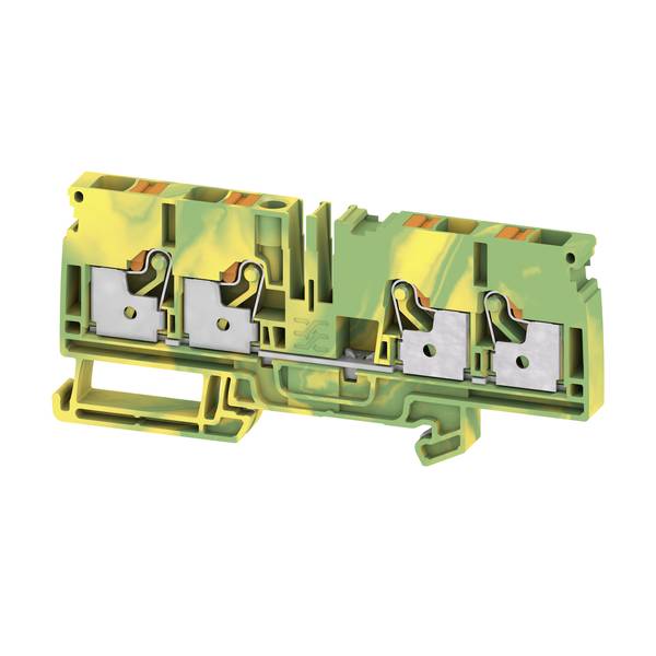 Querschnitt eines grün-gelben elektrischen Klemmenblocks mit vier Metallfedern-Klemmkontaktpunkten in einem Kunststoffgehäuse.
