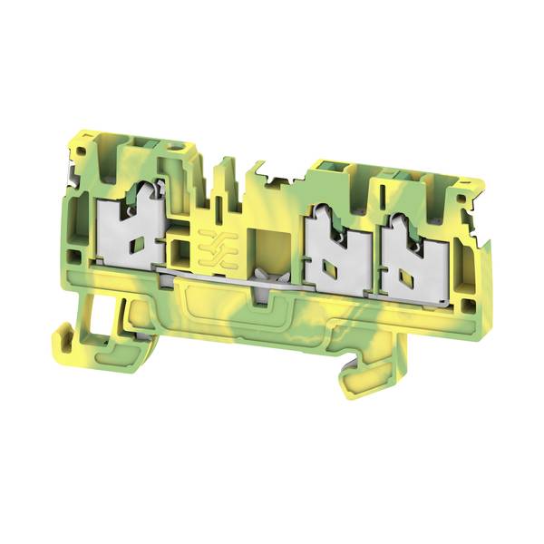 Gelber Elektroklemmenleistenverbinder mit zwei Metallkontaktöffnungen auf weißem Hintergrund.