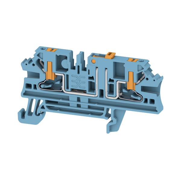 Schnittansicht eines blauen Elektroanschlussblocks mit internen Verdrahtungskanälen, Klemmkontakten und orangefarbenen Freigabehebeln.