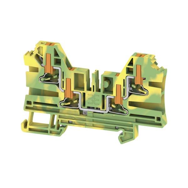 Querschnittsdiagramm eines grün-gelben elektrischen Klemmblocks mit internen Metallkontakten und Kabelkanälen.
