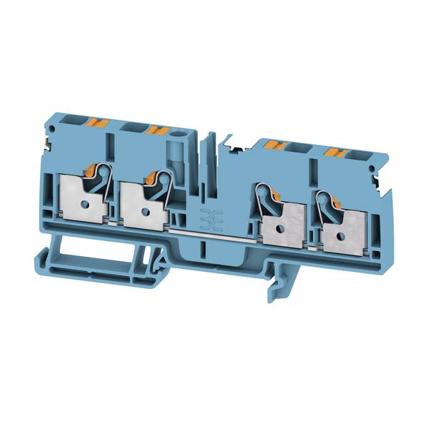Blauer Elektroklemmenblock mit vier Metallfedern-Klemmkontakten auf weißem Hintergrund.