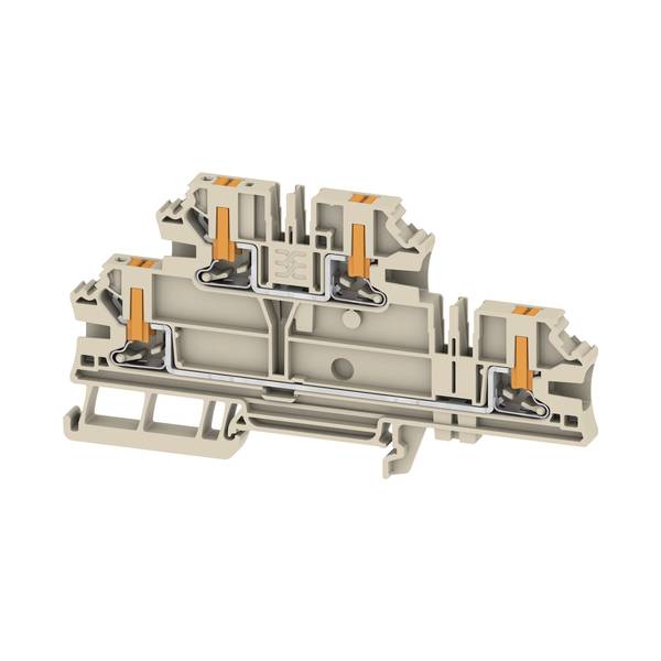 Schnittansicht eines grauen Elektroklemmenblocks oder Steckers, der interne Metallkontakte und orange Sperrklinken zeigt.