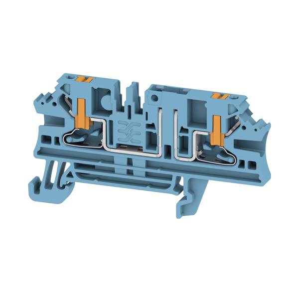 Querschnitt einer blauen Elektroklemmenleiste mit internen Metallkontakten und orangefarbenen Verriegelungsklemmen.