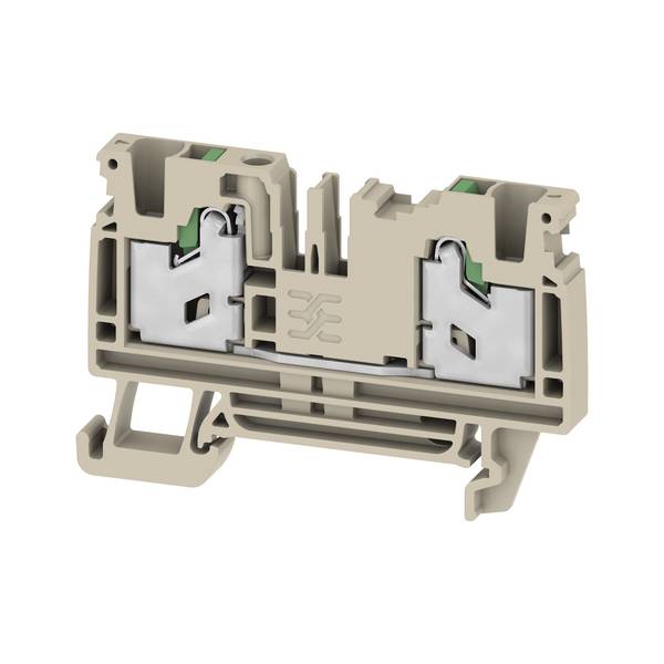 Querschnitt eines beigen Elektroklemmenblocks mit zwei Metallfedern-Klemmkontakten und Befestigungsschienen.