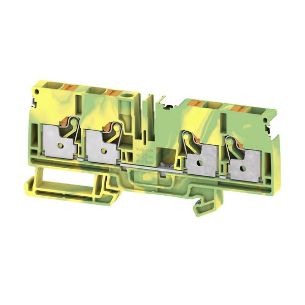 Querschnitt eines grün-gelben elektrischen Anschlussblocks mit vier Metall-Federklemmanschlüssen und Montagebasis auf weißem Hintergrund.