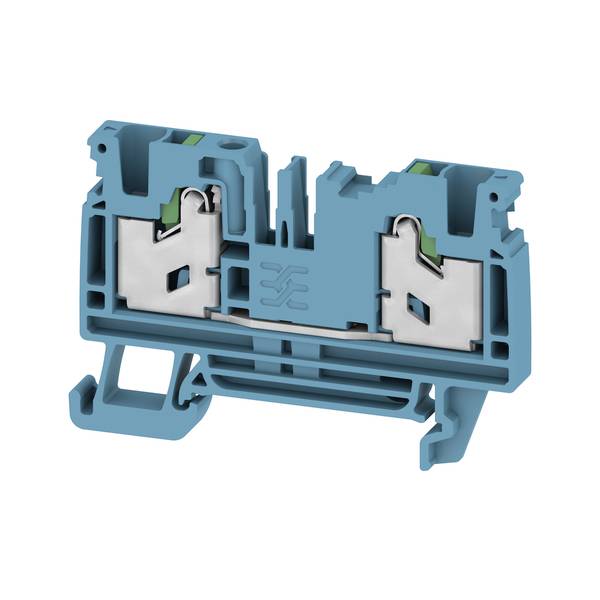 Blaue DIN-Schienenklemme mit zwei Metallfedern, shown in cross-section on a white background.Blaue DIN-Schienenklemme mit zwei Metallfedern, gezeigt im Querschnitt auf weißem Hintergrund.