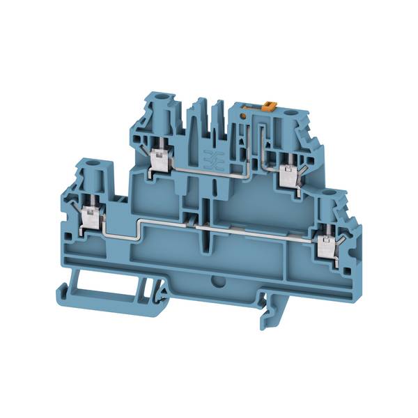 Querschnitt eines blauen Elektroklemmenblocks mit freiliegenden inneren Metallkontakten und Drahtspannmechanismen.