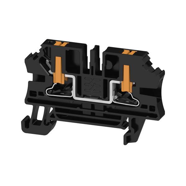Querschnitt eines schwarzen elektrischen Klemmleistenblocks mit orangefarbenen Entriegelungshebeln, die interne Drahtklemmung und Montagebasis zeigen.