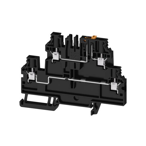 Schwarzer Terminalblock mit drei Schraub-/Klemmverbindungen, Metallkontaktstreifen und orangefarbenem Freigabehebel, isoliert auf weißem Hintergrund dargestellt.