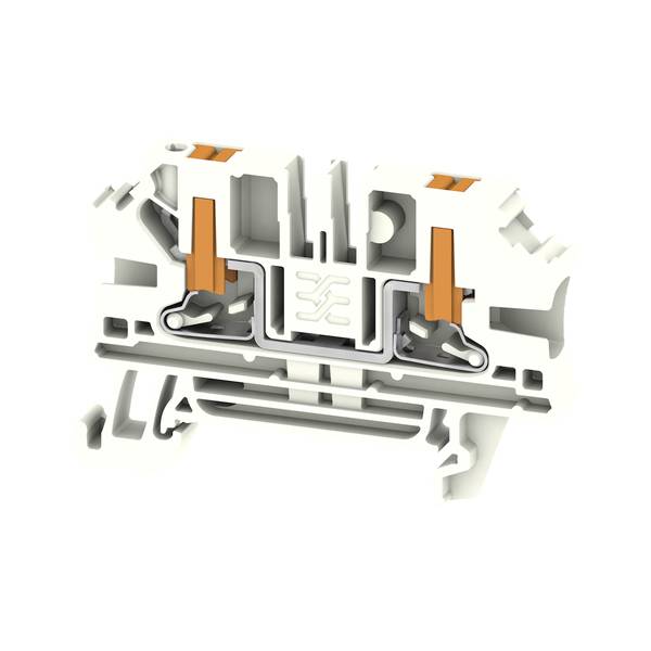 Querschnitt eines elektrischen Klemmleistenverbinders mit orangen Spannhebeln und internen Verdrahtungskanälen