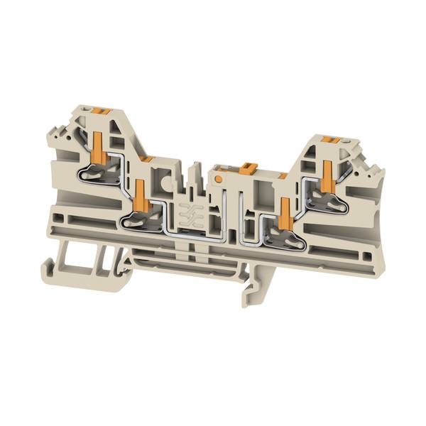 3D-Schnittdarstellung einer beigefarbenen Elektroklemme, die interne Metallkontakte und orangefarbene Klemmmechanismen auf weißem Hintergrund zeigt.