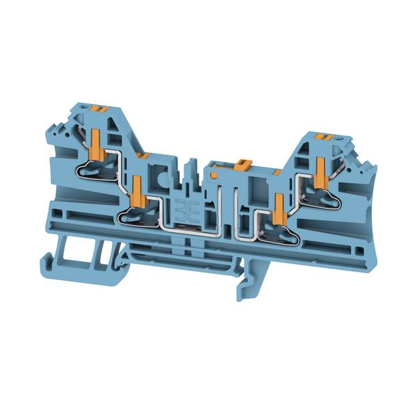 3D-Schnittdarstellung eines blauen Elektroklemmenblocks mit orangefarbenen Hebeln, die interne Verdrahtungskanäle und Kontaktpunkte zeigt.