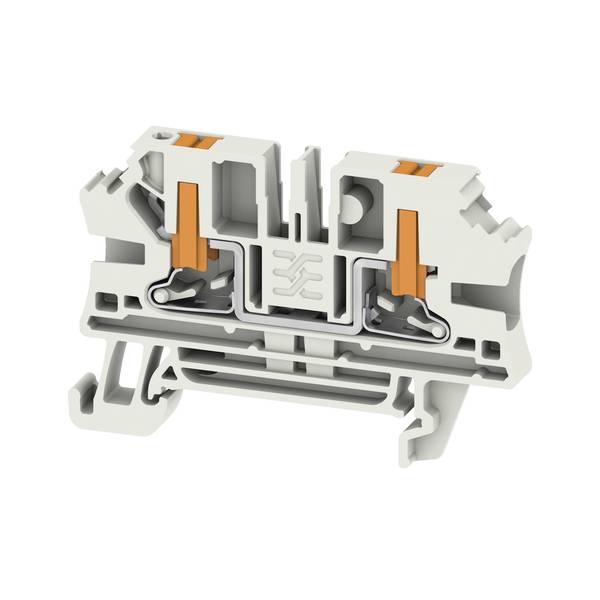 Querschnitt eines weißen DIN-Schienen-Elektroklemmenblocks mit orangefarbenen Hebeln, der interne Federklemm-Verdrahtungsverbindungen zeigt.