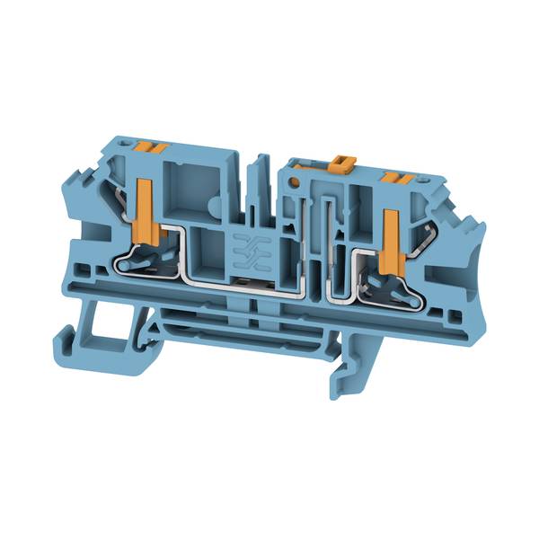3D-Schnittdarstellung eines blauen Elektroklemmenblocks mit internen Metallkontakten und orangefarbenen Verriegelungslaschen