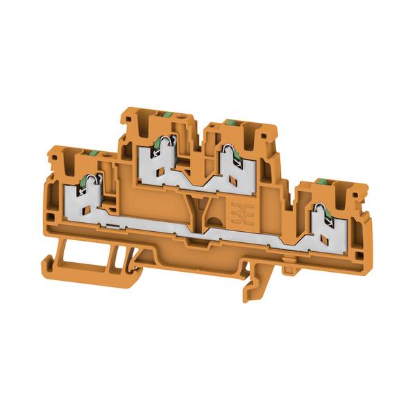Querschnitt eines orangefarbenen Elektro-Anschlussklemmenblocks mit sichtbaren internen Metallkontakten und Drahtklemmenmechanismus.
