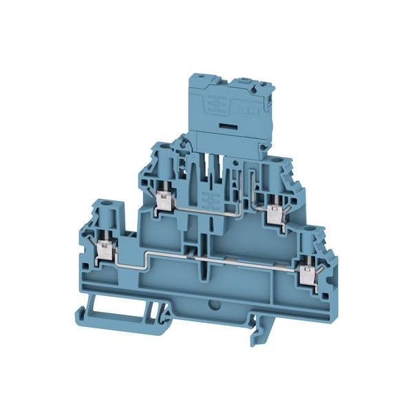 3D-Schnittansicht eines blauen Elektroklemmenblocks, die interne Metallverbinder und Verdrahtungswege im Gehäuse zeigt.