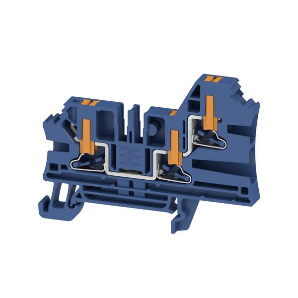 Querschnitt eines blauen Elektroklemmblocks mit internen Metallkontakten und orangefarbenen Klemmhebeln.