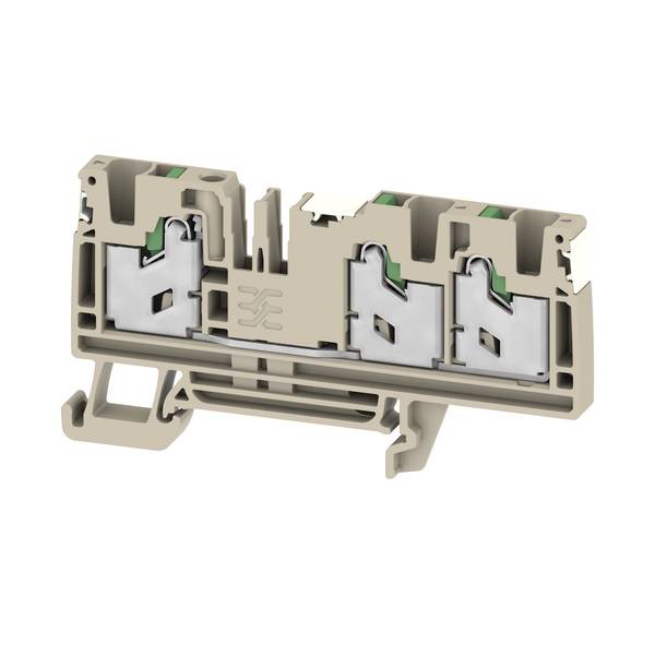 Beige-farbiger elektrischer Klemmenblock mit drei Federklemm-Anschlüssen, dargestellt in Schnittansicht auf weißem Hintergrund.