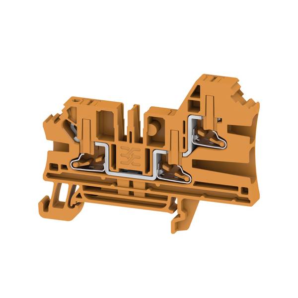 Orangenes Elektroklemmleistenblock mit internen Metallkontakten, in Schnittansicht auf weißem Hintergrund dargestellt.