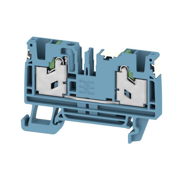 Blaue modulare Elektroklemmenblock-Baugruppe mit mehreren abgewinkelten Steckermodulen, die in einem Rahmen auf weißem Hintergrund montiert sind
