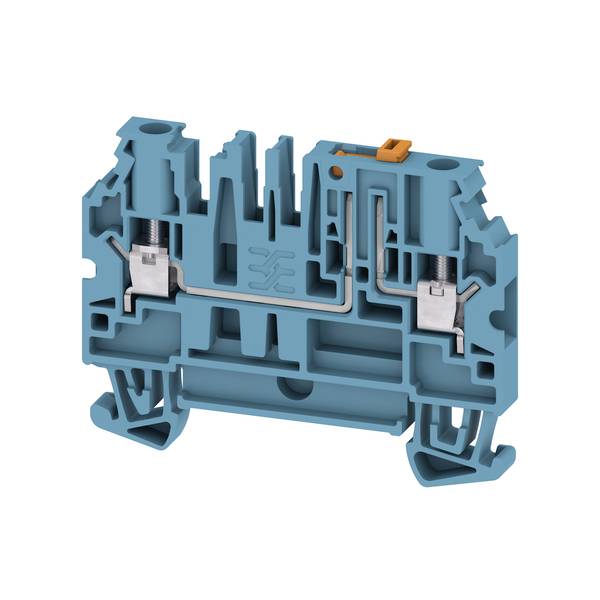 Querschnitt eines blauen Klemmblocks mit internen Metallkontakten und Verdrahtungskanälen, mit oranger Hebelvorrichtung oben.