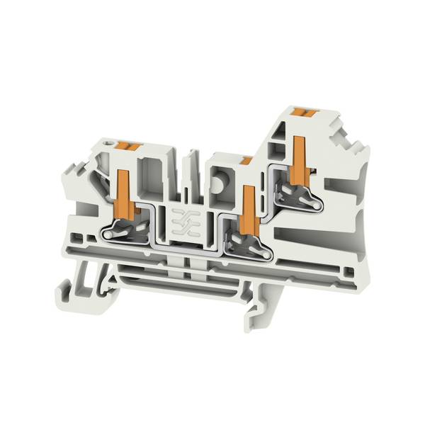 Querschnitt eines grauen Elektro-Klemmblocks mit drei orangefarbenen Federklemmen auf weißem Hintergrund.