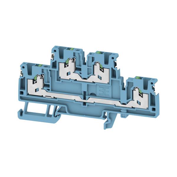 Blauer elektrischer Klemmblock im Querschnitt, der interne Metallkontakte und Drahtklemmverbindungen in einem montierten Steckgehäuse zeigt.