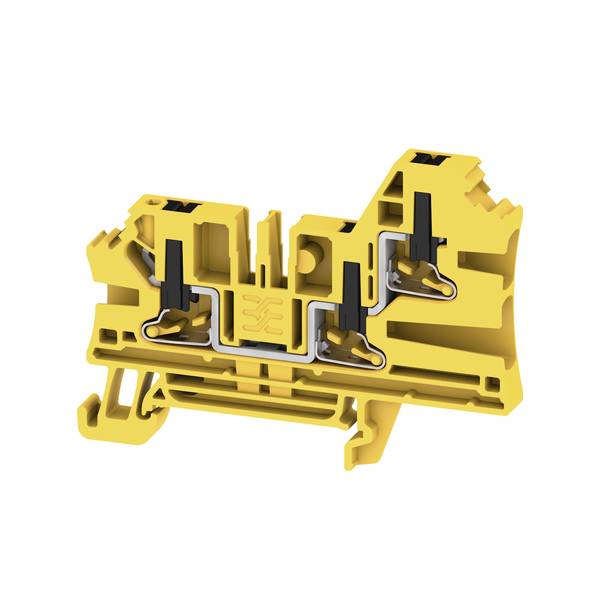 Gelber Elektroklemmleistenquerschnitt, der interne Metallverbinder und Montagebasis auf weißem Hintergrund zeigt.