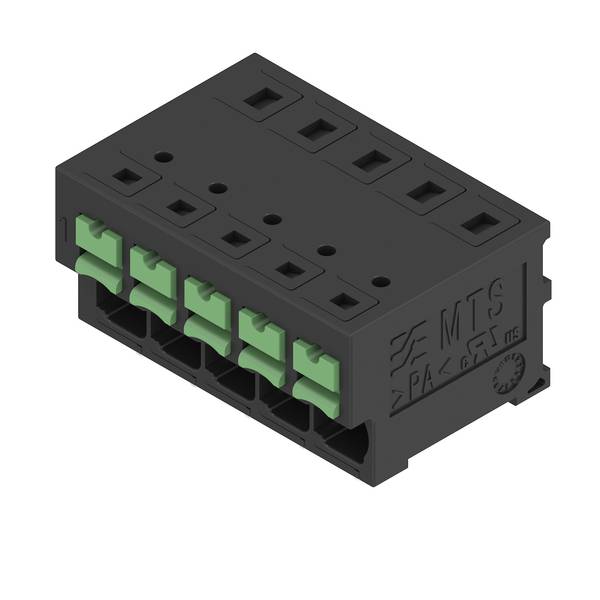 Schwarzer rechteckiger Elektroklemmenblock mit grünen Schnellverbindungshebeln und mehreren Anschlussöffnungen oben und vorne.