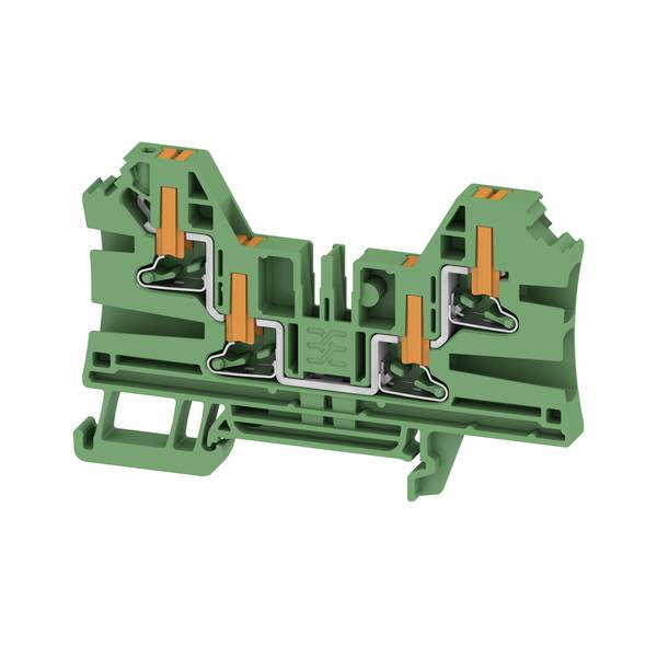 Querschnitt eines grünen Elektroklemmenblocks mit internen Metallkontakten und orangen Klemmhebeln.