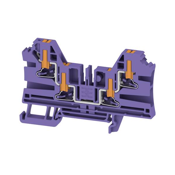 3D-Schnittdarstellung eines violetten Elektroklemmenblocks mit sichtbaren internen Metallkontakten und orangefarbenen Drahtklemmen.