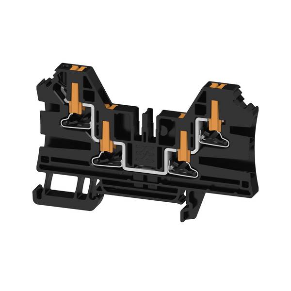 Querschnittansicht eines schwarzen elektrischen Klemmleistenblocks mit vier orangefarbenen Klemmhebeln und inneren Metallkontakten.