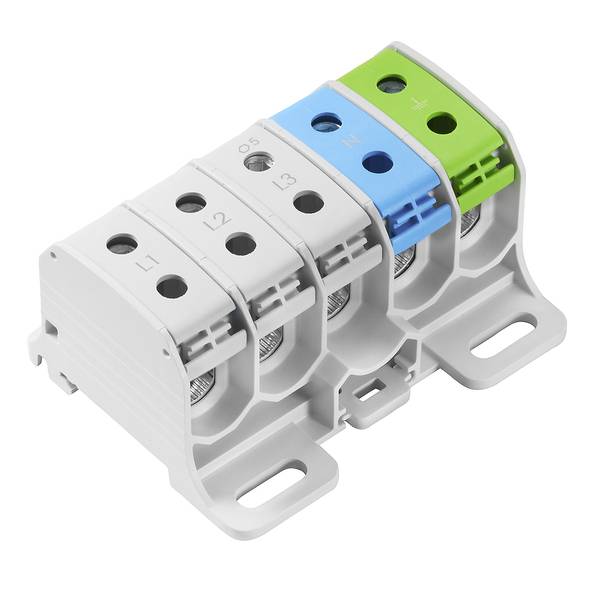 Kompakter elektrischer Klemmleistenblock mit vier beschrifteten Anschlüssen: L1, L2, L3, N und grüne Erdung, auf einer weißen Basis montiert.