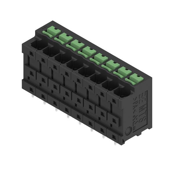 Schwarzer rechteckiger Mehrpolig-Klemmblock mit grünen Druckknöpfen, in 3D auf weißem Hintergrund dargestellt.