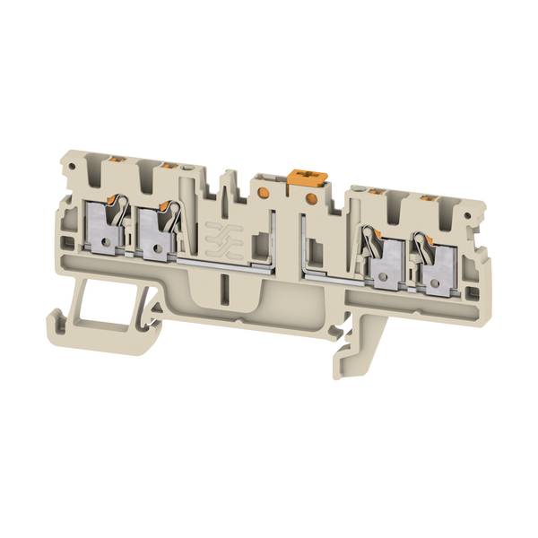 Querschnitt eines beigen Elektroklemmenblocks mit orangefarbenen Steckverbindern und internen Metallklemmen, der die Drahtverbindungspunkte in einem Kunststoffgehäuse zeigt.