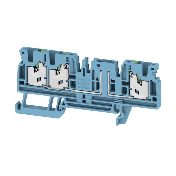 Querschnittansicht eines blauen Elektroklemmenblocks mit drei Metallfedern-Kontakten in einem Kunststoffgehäuse.