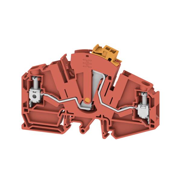 Querschnitt eines roten Elektro-Klemmblocks mit sichtbaren inneren Metallkontakten und einer orangefarbenen oberen Verriegelung auf weißem Hintergrund.