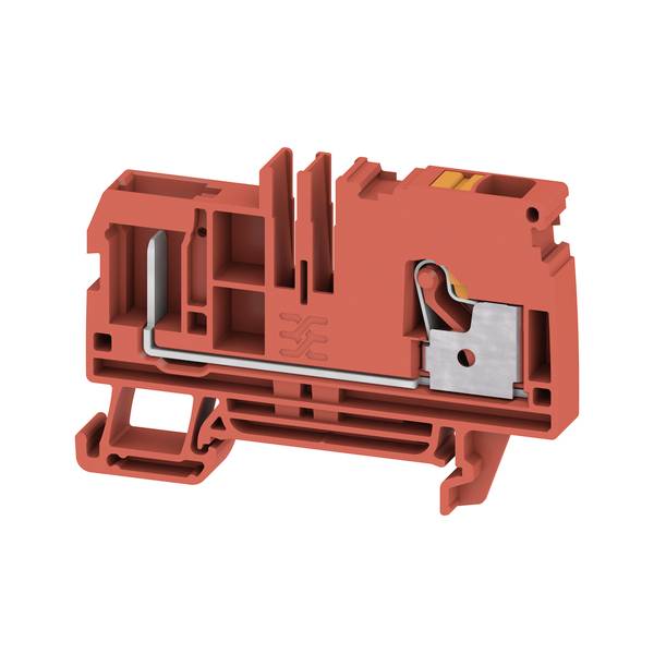 Roter elektrischer Klemmleistenverbinder in Schnittdarstellung, der interne Metallkontakte und Verdrahtungskanäle zeigt.