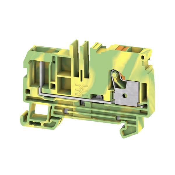 Querschnittsdarstellung eines grün-gelben Elektroklemmenblocks mit sichtbaren inneren Metallkontakten und Befestigungsschienen.