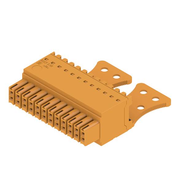 Orangefarbiger rechteckiger Elektrostecker mit mehreren Stifthülsen und zwei Befestigungslaschen auf weißem Hintergrund.