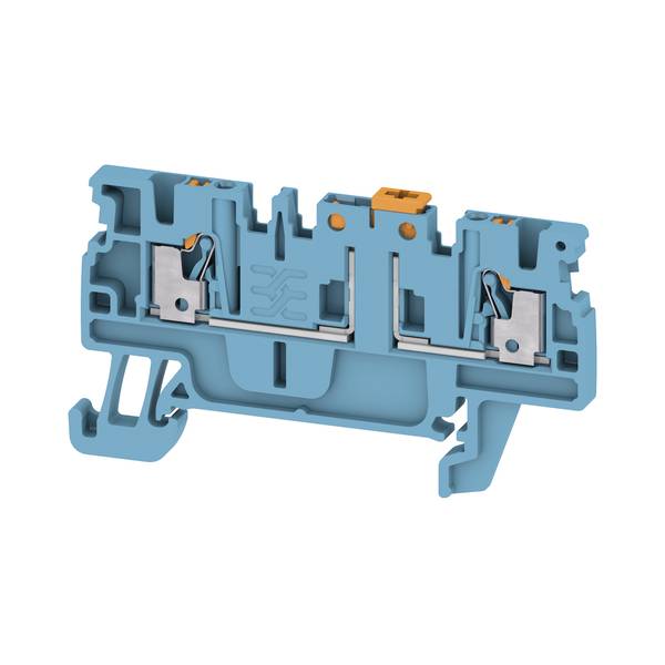 Querschnitt eines blauen Elektroklemmenblocks mit inneren Metallkontakten und orangefarbenen Freigabepunkten.