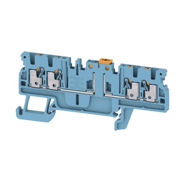 Querschnitt eines blauen Elektroklemmenblocks mit internen Federkontakten und Drahtverbindungen, mit orangen Entriegelungslaschen.