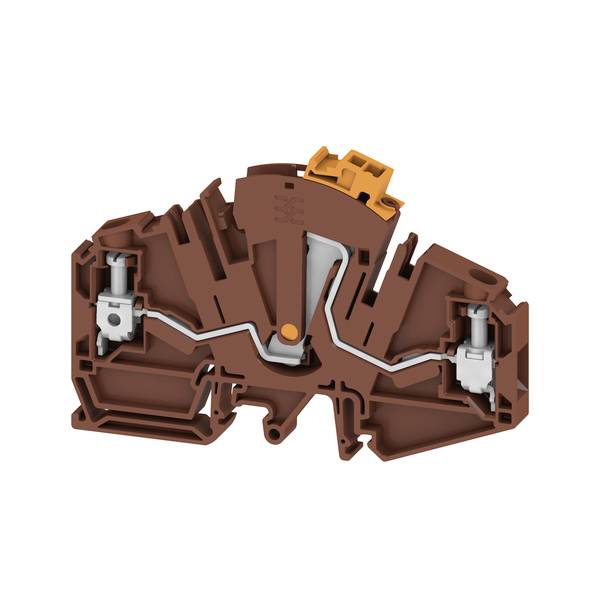 Querschnitt einer braun und orangefarbenen Elektrosteckklemme mit inneren Federkontakten und Metallleitern in einem Kunststoffgehäuse.