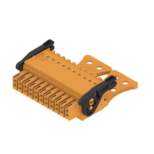 Orange-farbige Elektroklemmenleiste mit mehreren Drahtanschlüssen und Montageflansche, auf weißem Hintergrund dargestellt.