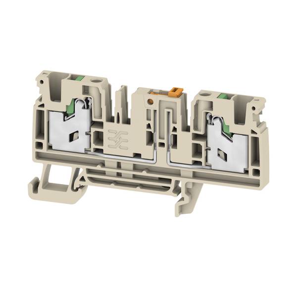 Querschnitt eines beigen Elektroklemmenblocks mit zwei Drahtklemmöffnungen und einer orangefarbenen Entriegelungsklinke.