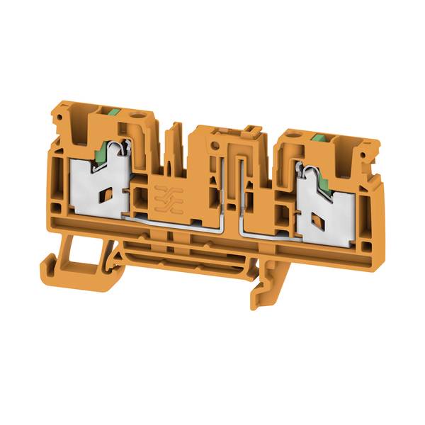Querschnitt eines orangefarbenen Elektroklemmenblocks mit zwei Drahtklemmkontakten in einem Kunststoffgehäuse.