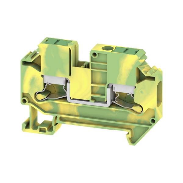 Schnittansicht eines grün-gelben Elektroklemmenblocks mit sichtbaren inneren Metallkontakten und Drahtklemmungsmechanismus.
