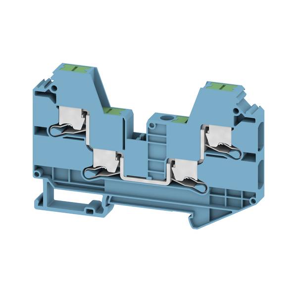 Querschnitt eines blauen Elektroklemmenblocks mit internen Metallfedern und Drahtverbindungskanälen.